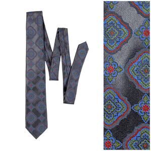 Santorelli Silk Tie Long Gray Blue Orange Green Medallion Made Italy 61" x 3"